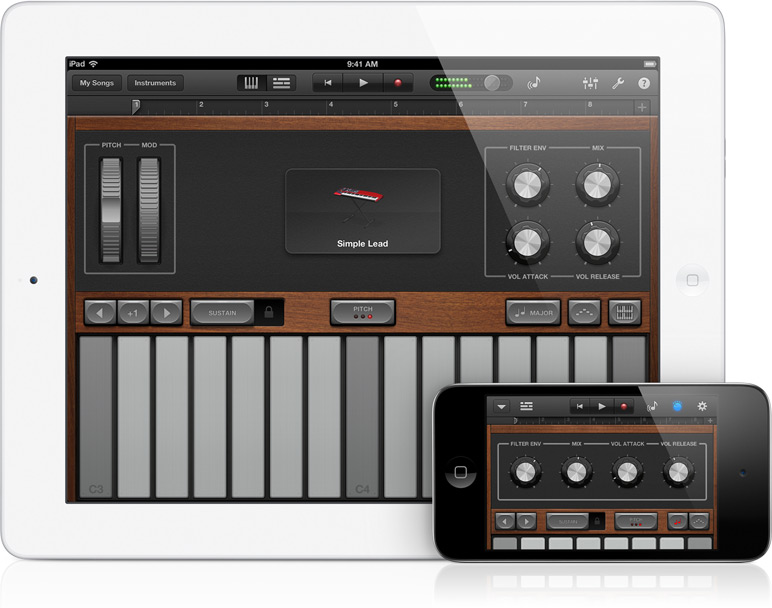 Apple Ipad 3 White Color showing GarageBand app with simple lead
